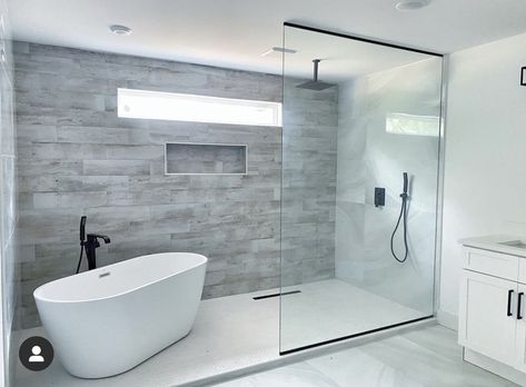 Freestanding Bath Next To Shower Layout, Shower With A Tub In It, Walk In Shower And Freestanding Tub, Open Shower With Bathtub, Bathroom Ideas With Big Bathtub, Renovated Master Bath, Open Shower And Bathtub, Stand Up Shower And Tub Ideas, Shower With Standing Tub Inside