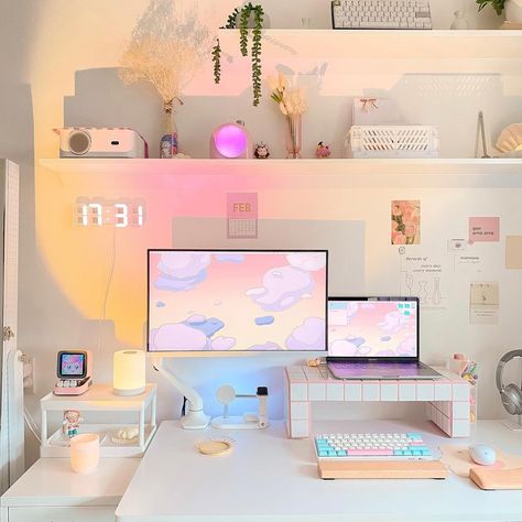 alyssa 🧸 on Instagram: “desk makeover thumbnail outtakes❣️ can’t wait for you guys to see the process! yt coming out soon! (see in bio) desktop wallpaper by…” Guys Desk, Pastel Desk, Desk Layout, Gamer Room Decor, Desk Makeover, Setup Ideas, Preppy Room Decor, Study Design, Preppy Room