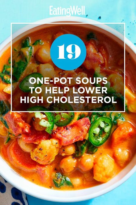 Eating for a healthy cholesterol is easy with these warming, one-pot soup recipes. These soups are full of vegetables, lean protein and hearty grains to create a satisfying dish. Plus, these recipes are packed with nutrients and low in saturated fat and sodium, which can help lower high cholesterol. So cozy up with a bowl of Curried Chickpea Stew or Vegetable and Tofu Soup for a delicious, healthy and filling meal. #soups #chili #stews #souprecipes#healthysoup #healthyrecipes Lower High Cholesterol, Heart Healthy Soup, Cholesterol Friendly Recipes, Low Cholesterol Diet Plan, Cholesterol Foods, Low Cholesterol Diet, Low Cholesterol Recipes, Baking Powder Uses, Cholesterol Lowering Foods