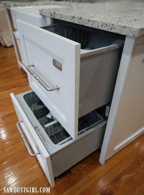 Double drawer dishwasher with custom integrated panels. Kitchen With 2 Dishwashers, Panel Ready Dishwasher Drawer, Dishwasher Kitchen Ideas, Dishwasher Drawer Built Ins, Double Dishwasher Kitchen, Sicily Kitchen, Building Binder, Hidden Dishwasher, Two Drawer Dishwasher