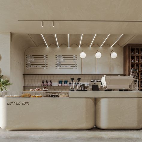 ROOTS CAFE Cafe Kitchen Design Layout, Minimalist Cafe Interior Design, Coffee Counter Design, Minimalist Cafe Design, Brunch Cafe Interior, Korean Cafe Interior, Minimalist Bar Design, Minimalist Coffee Bar, Cafe Minimalist