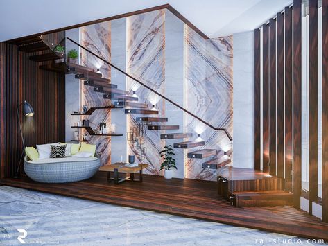 ELhassanin Appartment on Behance Double Height Wall Design, Duplex Stairs, Under Staircase Ideas, Staircase Wall Design, Double Height Lobby, Art Wall Design, Under Stairs Storage Solutions, Graphic Design Interior, Stairs Design Interior