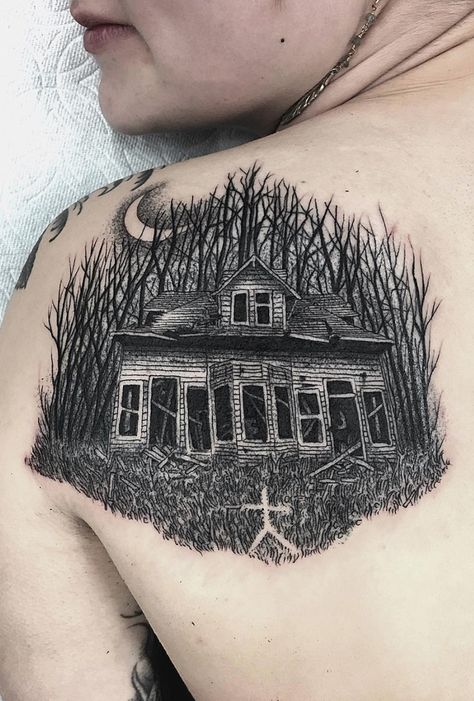 Abandoned Tattoo Ideas, Cabin Tattoo, Ranger Tattoo, Scenic Tattoo, Haunted House Tattoo, Graveyard Tattoo, Aa Tattoos, House Tattoo, Dark Tattoos