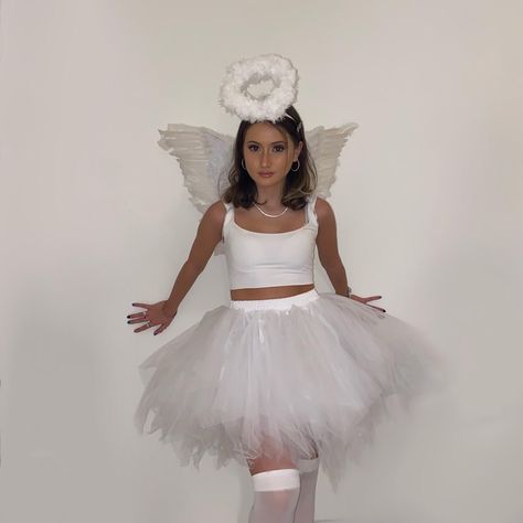 Homemade Angel Costume, Preppy Angel Costume, Angel Costumes Women, Tutu Halloween Costumes For Women, White Tutu Costume Halloween, Angle Costume Halloween, White Angel Outfit Halloween, White Skirt Costume, Black Angel Costume Halloween