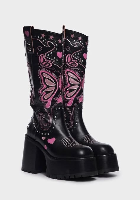 Black Platform Cowboy Boots, Dolls Kill Cowboy Boots, Fun Platform Boots, Dolls Kill Platforms, Dolls Kill X Bratz, Pink Boots Aesthetic, Butterfly Platforms, Bratz Dolls Outfits In Real Life, Platfrom Boots