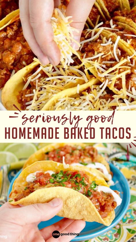 These crispy oven baked beef tacos make a quick, easy, and delicious dinner the whole family is sure to love! The best recipe for homemade tacos that are crispy and easy to make. Easy Soft Tacos, Homemade Crunchy Taco Shells, Taco Shells Homemade, Baked Beef Tacos, Crunchy Tacos, Chicken Tacos Recipe Easy, Oven Baked Tacos, Oven Tacos, Crunchy Taco Shells