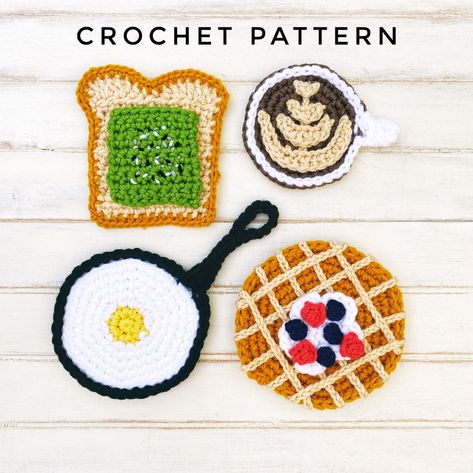 Waffle Amigurumi Crochet Pattern, Crochet Toast Pattern, Crochet Waffle Amigurumi, Crochet Food Applique, Crochet Egg Applique, Crochet Knit Stitches, Crochet Weaves, Medium Weight Yarn, Crochet Potholders