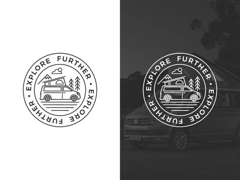 Minimalist logo badge design for Explore Further: a blog sharing travel and photo stories about traveling with a camper van in Europe.Hope you like it! Feedback welcomed :) Camper Logo Design, Camper Logo, Logo Voyage, Forest Logo, Vintage Camper Interior, Logos Inspiration, Vans Logo, Geometric Logo, Travel Logo