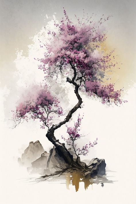 Asian Watercolor Art, Japanese Artwork Tattoo, Japan Landscape Painting, Japanese Watercolor Paintings, Zen Art Paintings, Sumie Art, Sumie Painting, Asian Watercolor, 자작나무 그림