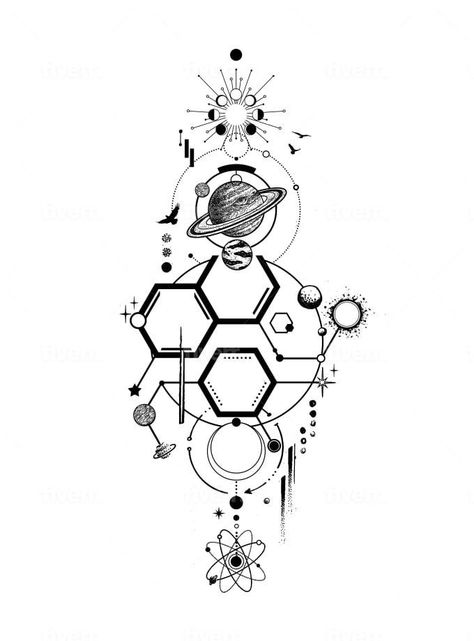 Multidimensional Tattoo, Geometric Planet Tattoo Design, Geometric Spine Tattoo Men, Best Back Tattoos Men Design, Tattoo Decoration Ideas, Tattoo Design Drawings Forearm, Woke Tattoo Ideas, Geometric Tattoo Designs Men Forearm, Shape Tattoo Geometric