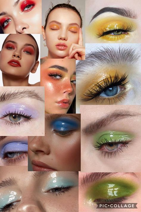 rainbow makeup glossy lid eye mood board collage Glossy Lids Eye Makeup, Mood Boards Makeup, Glossy Eye Makeup Look, Modern Archetype Makeup, Makeup Mood Board Inspiration, Makeup Collage Aesthetic, Glossy Lid Eye Makeup, Eurovision Makeup, Mood Board Makeup