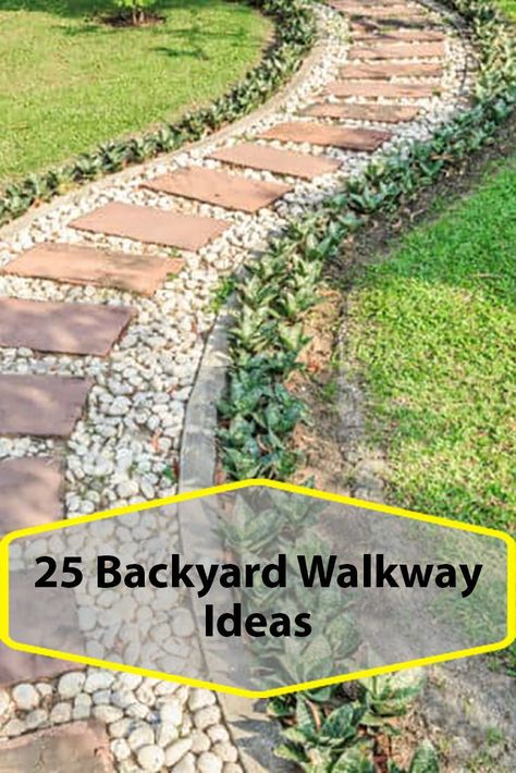 This beautiful design for a backyard and walkway combines pavers and pebbles - check out the other designs Meandering Path Garden, Brick Backyard Landscaping, Rock Garden Beds Front Yards, Pavers With Stones In Between, Backyard Patio Walkway, Pavers For Walkway Pathways, Stepping Pavers Pathways, Edging For Pea Gravel Patio, Paver Walkway Designs