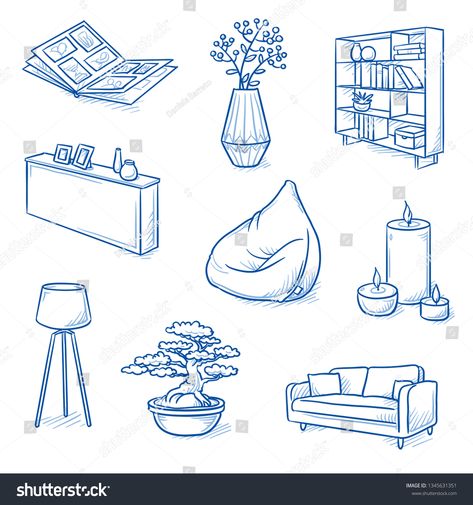 Set of furniture shop and decoration objects as lamp, sideboard, sofa, bean bag, bonsai, photo album and book  #Ad , #affiliate, #bean#sofa#sideboard#photo Bean Bag Drawing Reference, Axonometric Furniture Drawing, Furniture Drawing Reference, Drawing Furniture Interior Design, Bean Bag Illustration, How To Draw Furniture, Bean Bag Drawing, Shelf Sketch, Clutter Drawing