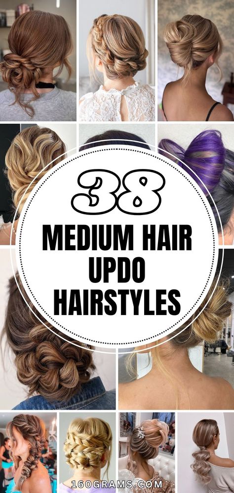 Save this pin for a collection of modern and chic medium hair updos you'll absolutely love! Perfect for any occasion, these updos will take your hairstyle game to the next level. #MediumHairUpdos #HairInspo #FashionBlog Simple Messy Updos For Long Hair, Updo With No Part, Updo Easy Medium Hair, Loose Updo Medium Length Hair, Updo For Long Hair Bridesmaid, Thick Bridesmaid Hair, Hairstyles For Medium Length Hair For A Wedding, Bridesmaid Updo For Shoulder Length Hair, Homecoming Hairdos For Medium Hair