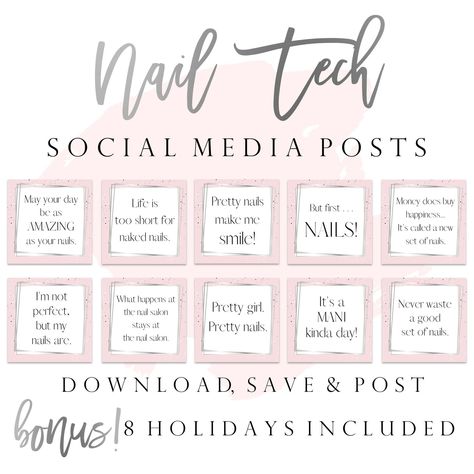 "Gorgeous ready-to-use set of 86 Nail Tech Instagram Quotes Posts. *  I N C L U D E S  * * 43 JPG Quote Posts sized 1200X1200 * 31 Nail Related Quotes  * 3 Business Posts: On Vacation, Gift Certificates Available and Appointment Available - Book Now * 8 Holiday Posts *  H O W  I T  W O R K S  * * After your payment has been confirmed, you will receive an email with a download link. * Download your zip file from the Etsy Email or from your Etsy \"Purchases & Reviews\". * The zip file contains all quote posts and must be downloaded to a computer or laptop. * Then extract or unzip the file and transfer quote posts to your phone or tablet. * Post your shiny new Instagram Posts! *  P L E A S E  N O T E  * * This is a digital listing and no items will be mailed. * These are ready to use files. * Nails Page Name Ideas For Instagram, Bio For Nails Page, Nail Tech Name Ideas Aesthetic, Nail Appointments Available Posts, Nail Salon Quotes Marketing, Instagram Content Ideas Nails, Nail Tech Deals, Nail Tech Instagram Usernames, Bio For Nail Artist