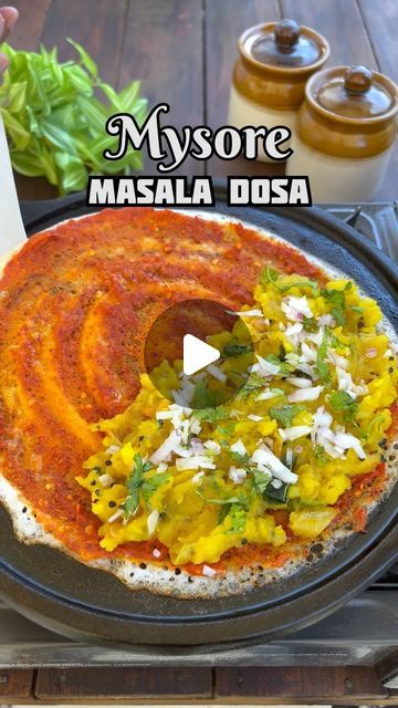 Mad Over Food on Instagram: "Mysore masala dosa for all the spice lovers 😍🫶.  Save the reel to try it later.  1. In a bowl take 6 Byadgi chilli, 2 Guntur chilli and lemon sized tamarind. Pour hot water and let it rest for 20 mins.  2. Sauté 1 onion , 5-6 garlic cloves and transfer everything into a mixer jar. Add 1 tbsp roasted chana dal, 2 tbsp coconut chunks, salt and the water in which chillies were soaked. Blend smoothly into a thick paste.  3. Spread dosa batter on a cast iron tawa which is slightly hot. Put some oil and then spread a good amount of the red chutney on it. Once dosa is nicely browned add the aloo Palya, chopped onions and coriander.  Fold and serve immediately with any chutney of choice 🥰♥️♥️.   Do try it out and send me your feedback pictures.   #mysoremasaladosa # Chutney Recipes Indian For Dosa, Coconut Chunks, Mysore Masala Dosa, Dosa Chutney, Red Chutney, Masala Dosa Recipe, Dosa Batter, Masala Dosa, Chana Dal