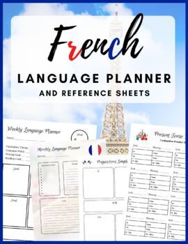 French Language and Study Planner + Reference Sheets / Templates holidaypartyplanner #shiningmomplanners #darkmodedigitalplanner #dailyplannerprintable🍸. Language Planner, French Printable, Verb Practice, Present Tense Verbs, Vocabulary Builder, French Activities, Language Goals, French Classroom, Vocabulary List