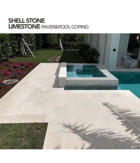 16 X 24 Fossil Shell Limestone Bullnose Travertine Pool Coping - 16x24 Shell Stone Rounded Edge Limestone Pool Coping | Texas Travertine Limestone Pool, Coastal Backyard, Stone Pool Deck, Travertine Pool Decking, Travertine Pool Coping, Terraced Landscaping, Pool Pavers, Florida Pool, Dream Backyard Pool