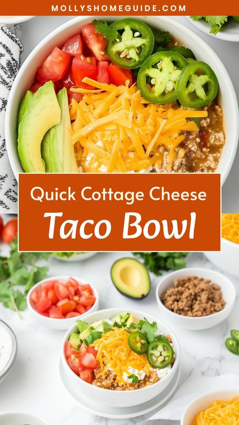 Looking for a quick and delicious meal idea? Try this Cottage Cheese Taco Bowl recipe! Packed with protein and flavor, this bowl is perfect for lunch or dinner. Simply combine cottage cheese with your favorite taco toppings like salsa, avocado, black beans, and corn. Customize it to your liking by adding some cilantro or jalapenos for an extra kick. It's a healthy and satisfying option that is easy to make in just a few minutes.

Ingredients
1/2 cup low-fat cottage cheese
1/2 cup cooked taco mea Taco Bowl With Cottage Cheese, What To Mix With Cottage Cheese, Cottage Cheese Dinner Bowl, Cottage Cheese Tacos, Cottage Cheese Weight Watchers Recipes, Cottage Cheese Lasagna Bowl, Breakfast Cottage Cheese Bowl, Chicken Cottage Cheese Bowl, Cottage Cheese Meal Prep