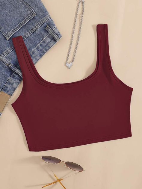 Solid Crop Tank Top, Maroon Tank Top, Tank Top Outfits, Women Tank Tops, Summer Crop Tops, Crop Tank Top, Top Tank, Cute Everyday Outfits, Look Casual