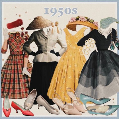 50s Fashion Moodboard, 1950 Dresses Vintage Classy, 50s Moodboard, 50s Aesthetic Outfits, Fifties Aesthetic, 1950s Moodboard, Vintage 1950s Aesthetic, Retro Outfits 90s, Artsy Style Outfits