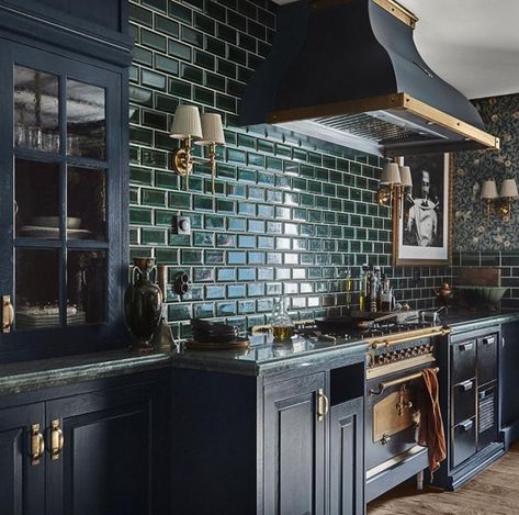 I don’t know if it’s because I’m getting old or what but I am seriously into darker spaces. I used to crave light and bright (and still do… | Instagram Officine Gullo, Moody Kitchen, Gothic Kitchen, Witchy Kitchen, Green Tiles, Beautiful Kitchen Designs, Geek Decor, Blue Cabinets, Dark Home Decor