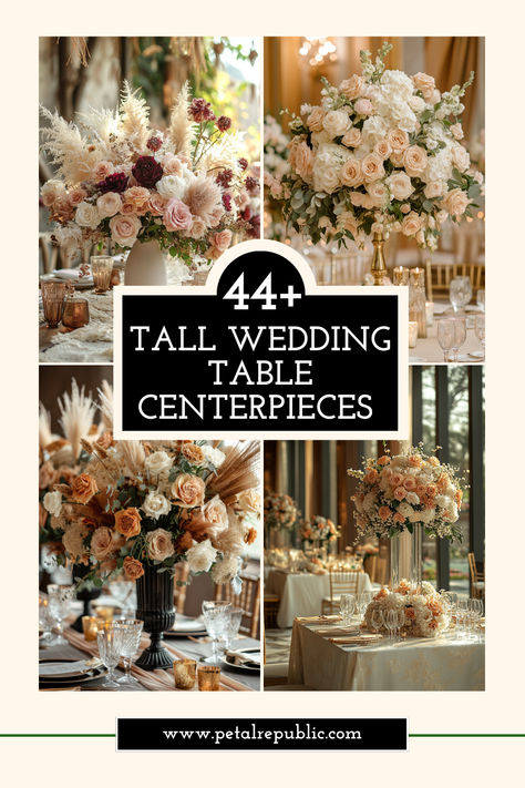 Elevate your reception with stunning tall wedding table centerpieces! Discover elegant designs featuring cascading florals, lush greenery, and dramatic arrangements perfect for grand celebrations. These towering centerpieces create a show-stopping focal point in classic to modern styles. Explore ideas for seasonal blooms, color palettes, and unique designs to complement your wedding theme. Save your favorites and design the perfect tall centerpieces for your big day! High Centerpiece Wedding Romantic, Glam Flower Arrangements, Wedding Reception Decorations Table Centerpieces Floral Arrangements, Tall Flower Arrangements Wedding, Candleabras Wedding Centerpiece, Tall Floral Centerpieces Wedding, Long Table Wedding Centerpieces, Tall Table Decor, Tall Candle Centerpiece