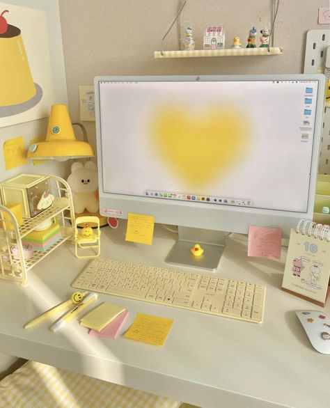 Imac Stand, Yellow Desk, Dream Desk, Study Desk Decor, Desk Layout, Desk Inspo, Yellow Theme, Preppy Room Decor, Study Room Decor