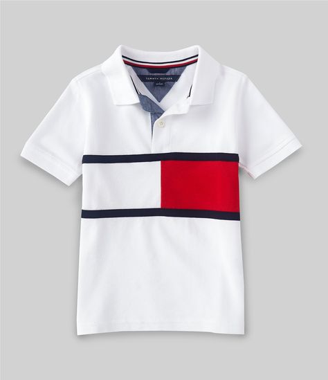 From Tommy Hilfiger&#x2C; this shirt features:point collarshort sleevespartial button placketlarge flag graphicsquare hempullover construction Cotton/Spandexmachine wash Imported. Dillard's, Summer Kids, Boys Shirts, Polo Shirts, Collar Shirts, Black N Yellow, Boy Outfits, Tommy Hilfiger