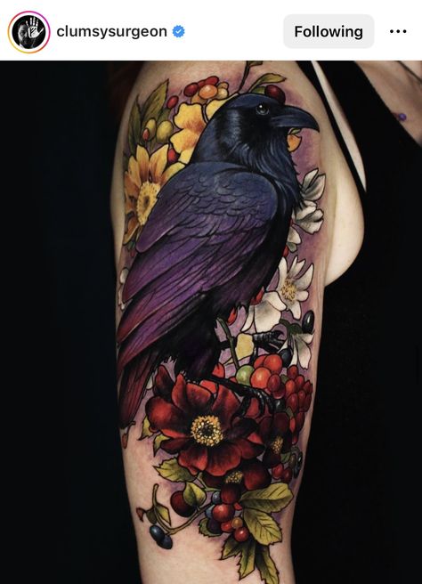 Floral Crow Tattoo, Bird Leg Tattoo, Gothic Floral Tattoo, Neotrad Tattoos, Crow Magic, Best Feminine Tattoos, Crow Tattoo Design, Wicked Tattoos, Crow Tattoo