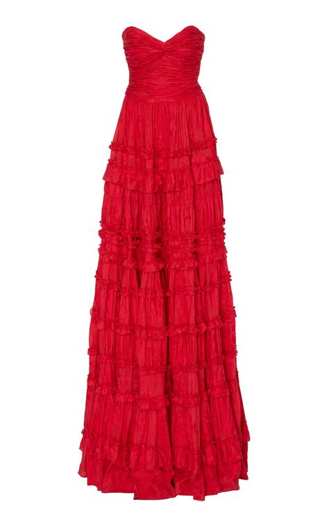 Alexis Allora Ruffled Linen And Silk Blend Gown Red Orange Prom Dress, Red Ruffle Prom Dress, A-line Ruffle Dress, Rosette Clothing, Beachy Prom Dress, Strapless Red Prom Dress, Formal Long Dresses, Linen Gown, Maxi Dresses For Women