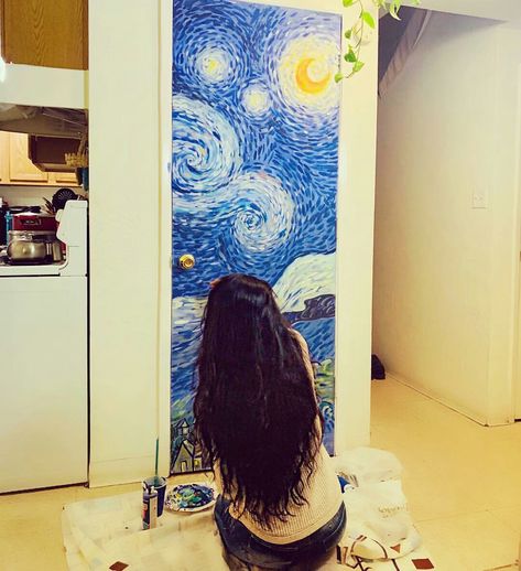 Starry Night Room Decor, Starry Night Room, Painted Closet Doors Art, Starry Night Mirror Painting, Van Gogh The Bedroom, Starry Night Picture, Van Gogh Wall Painting, Vincent Van Gogh Paintings Starry Nights, Starry Night Painting On Wall