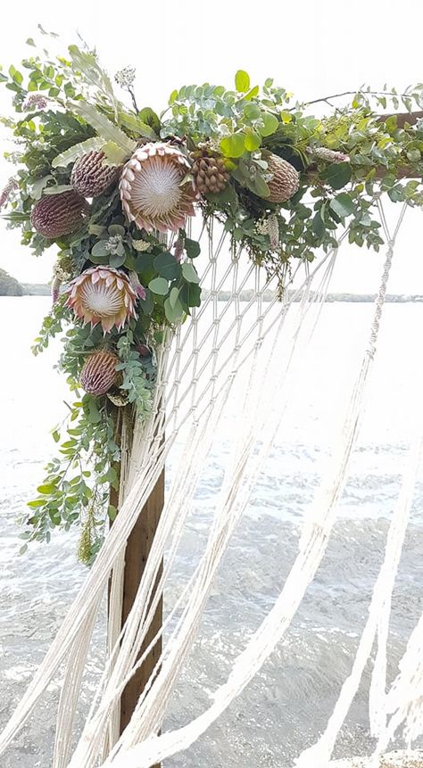 Native arbour, featuring King Protea and Banksia Bush Wedding Decor, Protea Wedding Arch, Australian Native Arbour, Native Wedding Arbour, Native Flower Arbour, Arbour Flowers, Bush Wedding Australian, Wedding Arbour Flowers, Protea Bouquet