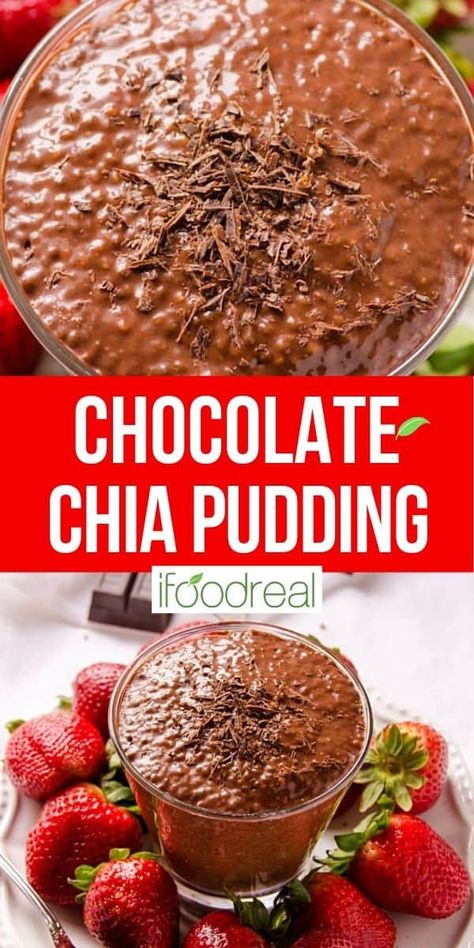 10 minute Chocolate Chia Pudding that tastes like dessert with nutrition of a breakfast. Refrigerate for up to 5 days for easy healthy breakfast, snack or treat. Overnite Oatmeal, Mediterranean Breakfasts, Chocolate Chia Pudding Recipes, Chia Pudding Recipes Healthy, Mediterranean Desserts, Mango Chia Pudding, Banana Chia Pudding, Vanilla Chia Pudding, Recipe Smoothie