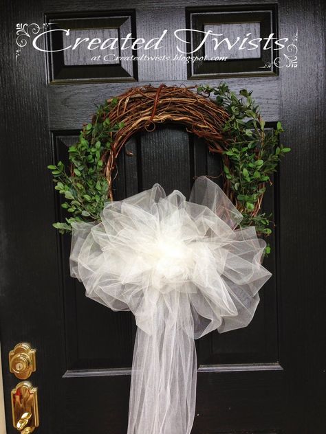 Grapevine Wedding Wreath with Tulle and Boxwood #wedding #wreath #boxwood #tulle Wedding Front Porch Decorations, Wreath With Tulle, Wedding Door Decorations, Wedding Door Wreaths, Diy Wedding Wreath, Bridal Shower Wreaths, Diy Grapevine Wreath, Wedding Doors, Tulle Wreath