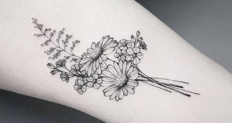 Delicate Floral Tattoo, Aster Tattoo, Aster Flower Tattoos, Black And White Flower Tattoo, Delicate Flower Tattoo, Daisy Flower Tattoos, Carnation Tattoo, Bouquet Tattoo, Wildflower Tattoo