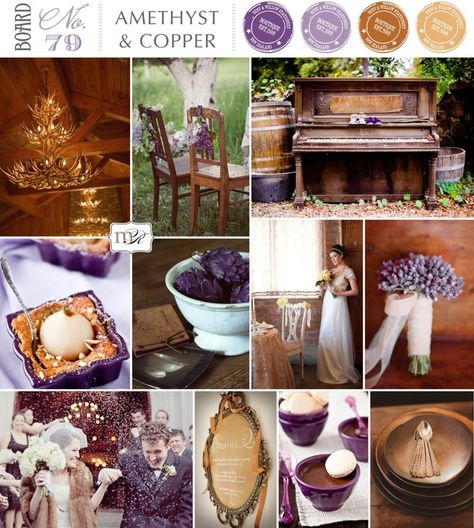 copper Wedding | Amethyst and Copper Wedding | Wedding Colors Copper Wedding Theme, Copper Colour Scheme, Purple And Gold Wedding, Wedding Color Scheme, Wedding Color Combinations, Amethyst Wedding, Copper Wedding, Ruby Wedding, Wedding Inspiration Board