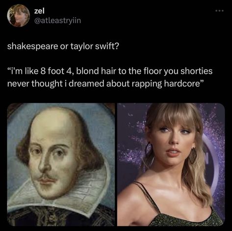 zel @atleastryiin shakespeare or taylor swift? "'m like 8 foot 4, blond hair to the floor you shorties never thought i dreamed about rapping hardcore" Taylor Swift Or Shakespeare, Emotional Affair, The Floor, Singers, Blonde Hair, Taylor Swift, Rap, Swift, Sound