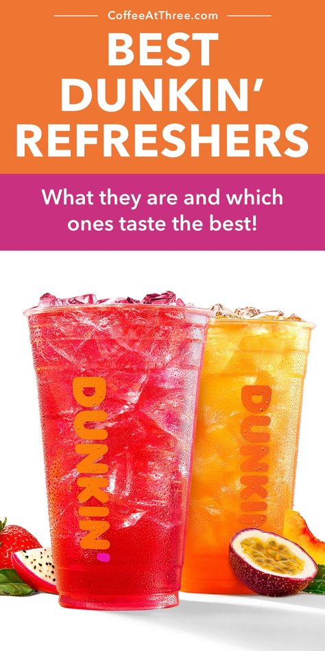 Best Dunkin' Refreshers Dunkin Drinks Refreshers, Dunkin Refreshers Order, Copycat Dunkin Refresher, Dunkin Donuts Refreshers Recipe, Dunkin Donuts Drinks Refreshers, Dunkin Refreshers Recipe, Dunkin Donuts Refreshers, Dunkin Refreshers, Drinks At Dunkin