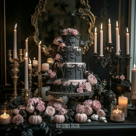 Black And Pink Goth Wedding, Gothic Birthday Cakes Beautiful, Vintage Gothic Wedding Cake, Pink Gothic Wedding, Alt Wedding Ideas, Birthday Cake In Black, Pink And Black Wedding Cake, Vamp Wedding, Gothic Birthday Party