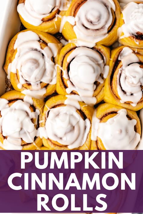 Overhead view of pumpkin cinnamon rolls in a pan. Pumpkin Sweet Rolls, Pumpkin Cinnamon Rolls Easy, Roll Desserts, Pumpkin Spice Cinnamon Rolls, Cinnamon Roll Desserts, Pumpkin Soup Healthy, Cinnamon Filling, Maple Frosting, Cinnamon Rolls Easy