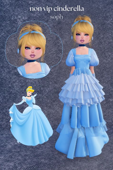 here is a non-vip cinderella outfit!! dress to impress, dti inspo, inspiration, disney princess, cinderella Dti Theme Disney Princess, Vector Dress To Impress, Dti Disney Prinsess, Cinderella Dress Cartoon, Dti Outfits Princess, Disney Princess Dress To Impress, Dress To Impress Princess, Cinderella Outfit, Dress Impress