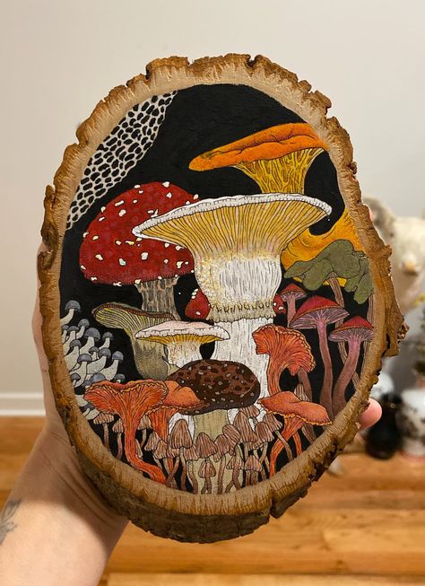 i never know what to write here on Twitter: "15 hours and no sleep later 🙃… " Mushroom Paint, Mushroom Crafts, Sleep Late, Mushroom Drawing, No Sleep, Leaf Illustration, Wood Artist, Mushroom Art, Painting Process