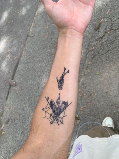 Spider Man Tattoo Miles Morales, Mile Morales Tattoo, Tato Spider, Spiderman Tattoo For Women, Spider Verse Tattoo Ideas, Into The Spider Verse Tattoo, Web Shooter Tattoo, Across The Spider Verse Tattoo, Leap Of Faith Tattoo