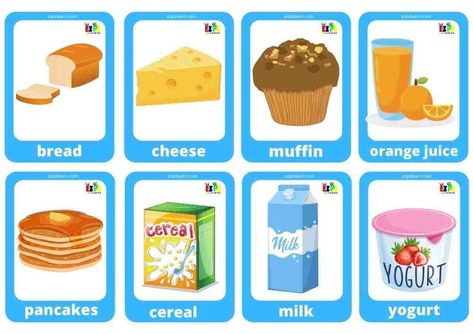 Free Printable Mini Flashcards Topic Breakfast Food English Printables, Food Flashcards, Clean Up Song, Food Game, Food Vocabulary, Flashcards For Kids, Homeschool Learning, Esl Teachers, Daycare Crafts