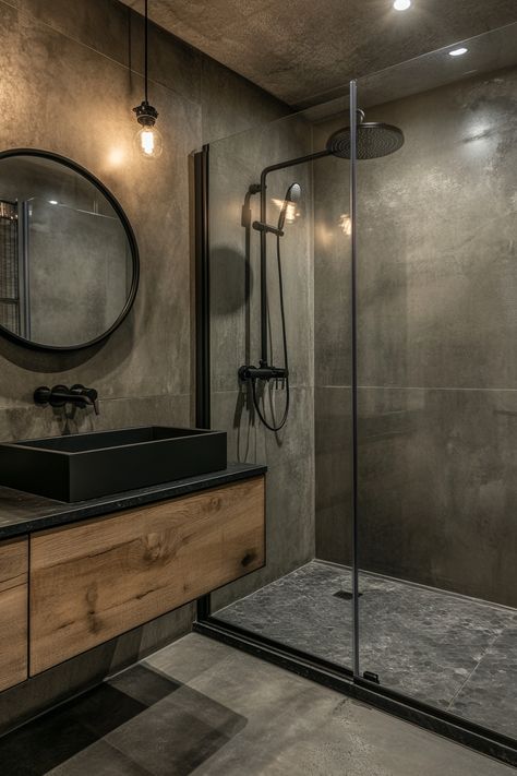 Explore this sleek industrial-style bathroom that redefines modern bathroom ideas. Features include matte black fixtures, rugged concrete textures, and warm wooden accents for a perfect blend of functionality and style. #ModernBathroomIdeas #HomeDesign #BathroomDecor Black Detail Bathroom, Soft Industrial Bathroom, Bathroom Ideas Aesthetic Minimalist, Modern Bathroom Design Black And Wood, Bathroom Remodel Industrial, Black Finish Bathroom, Farmhouse Industrial Bathroom Ideas, Matte Black Accents, Modern Standing Shower Ideas