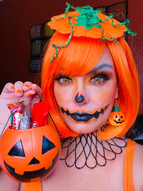 Pumpkin Costumes For Women, Women's Pumpkin Costume, Pumpkin Women’s Costume, Plus Size Pumpkin Costume, Halloween Costume Ideas Orange Hair, Orange Wig Halloween Costume, Pumpkin Custome Halloween Women, Makeup For Pumpkin Costume, Women Pumpkin Costume