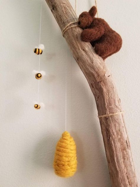 Bee Mobile, Baby Room Boy, Bear Mobile, Bee Nursery, Small Baby Room, Boho Baby Room, Driftwood Mobile, Mother Bear, Wall Hanging Nursery