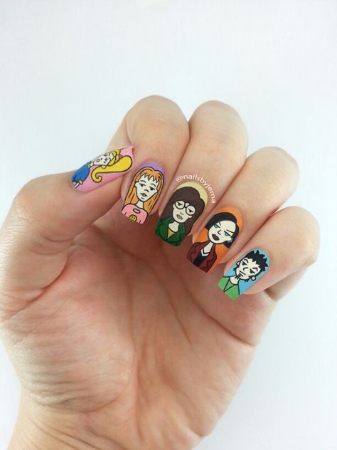 Daria nails by @nailsbyjema on Instagram aka me :p Daria Nails, Daria Tattoo Ideas, Daria Tattoo Cartoon, Daria Credit Art, Daria Memes Funny, Valentine Nails, Inspired Nails, Enamel Pins, Nail Art