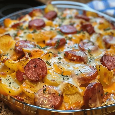 Easy cheesy potato and smoked sausage casserole, a hearty and delicious dish perfect for busy weeknights. Ready in an hour! Cheesy Sausage And Potatoes In Oven, Cheesy Sausage And Potatoes, Smoked Sausage Scalloped Potatoes, Smoked Sausage And Cheesy Potatoes, Steak And Potatoes Casserole, Cheese Smoked Sausage Recipes, Cheesy Potatoes And Smoked Sausage, Kielbasa Sausage Cheesy Potato Casserole, Cheesy Kielbasa And Potatoes